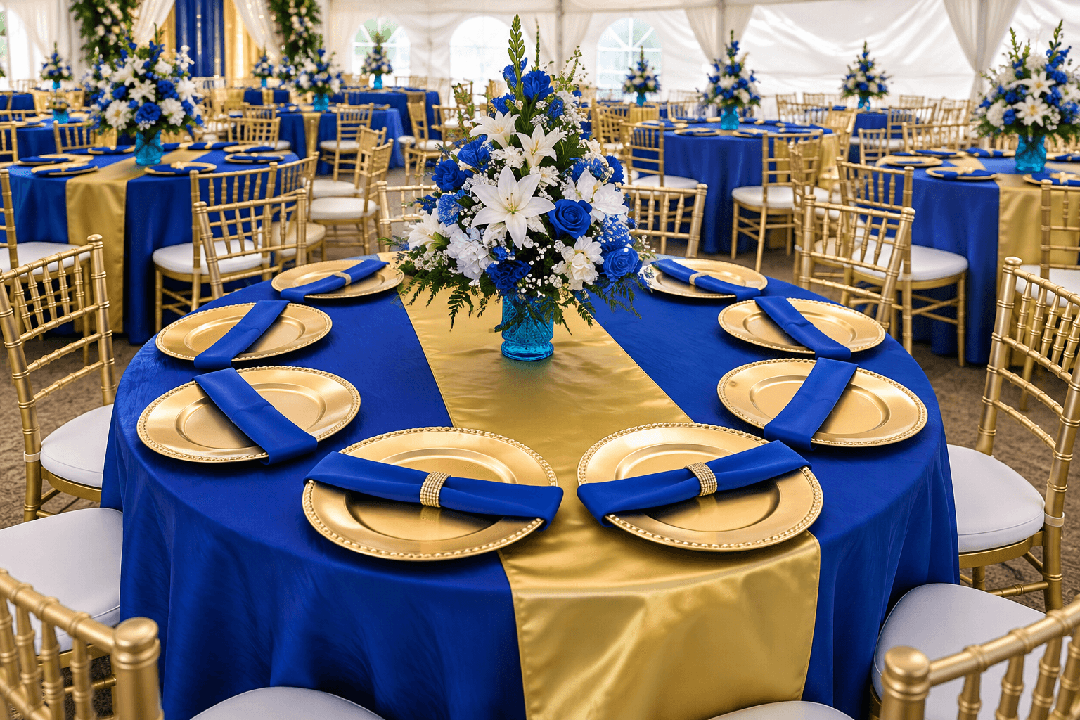 Blue and gold quinceañera table with a floral centerpiece