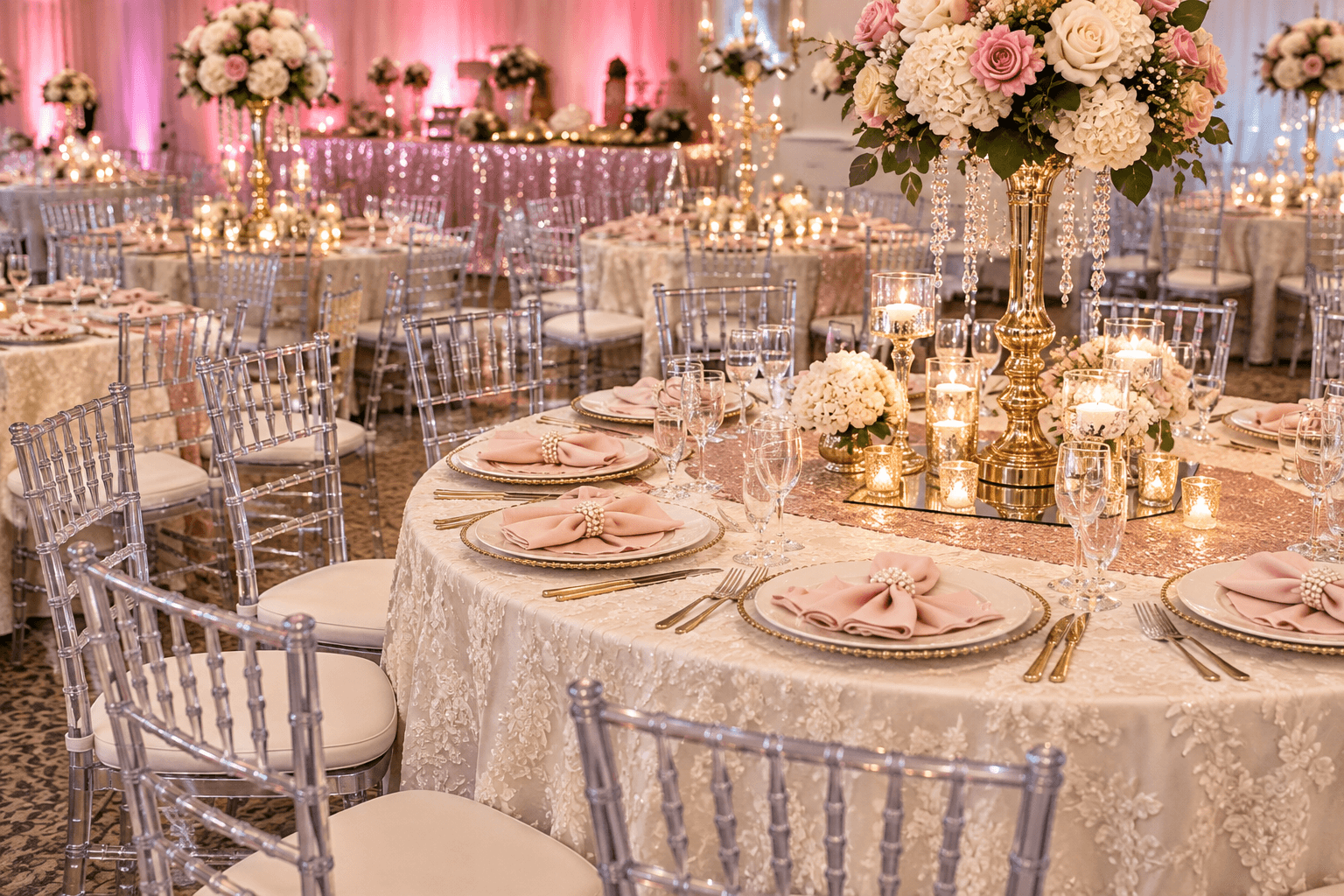 Blush and gold reception table prepared for a corporate event