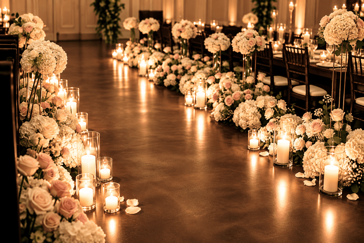 Romantic wedding aisle decorated with flowers and candlelight